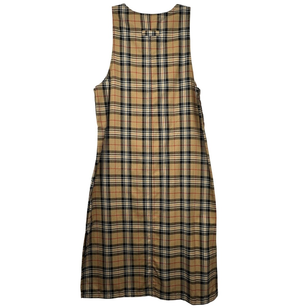 Vintage 90s Erika Studio‎ Plaid Jumper Dress Tan Black Sleeveless Midi Slit - Picture 3 of 10